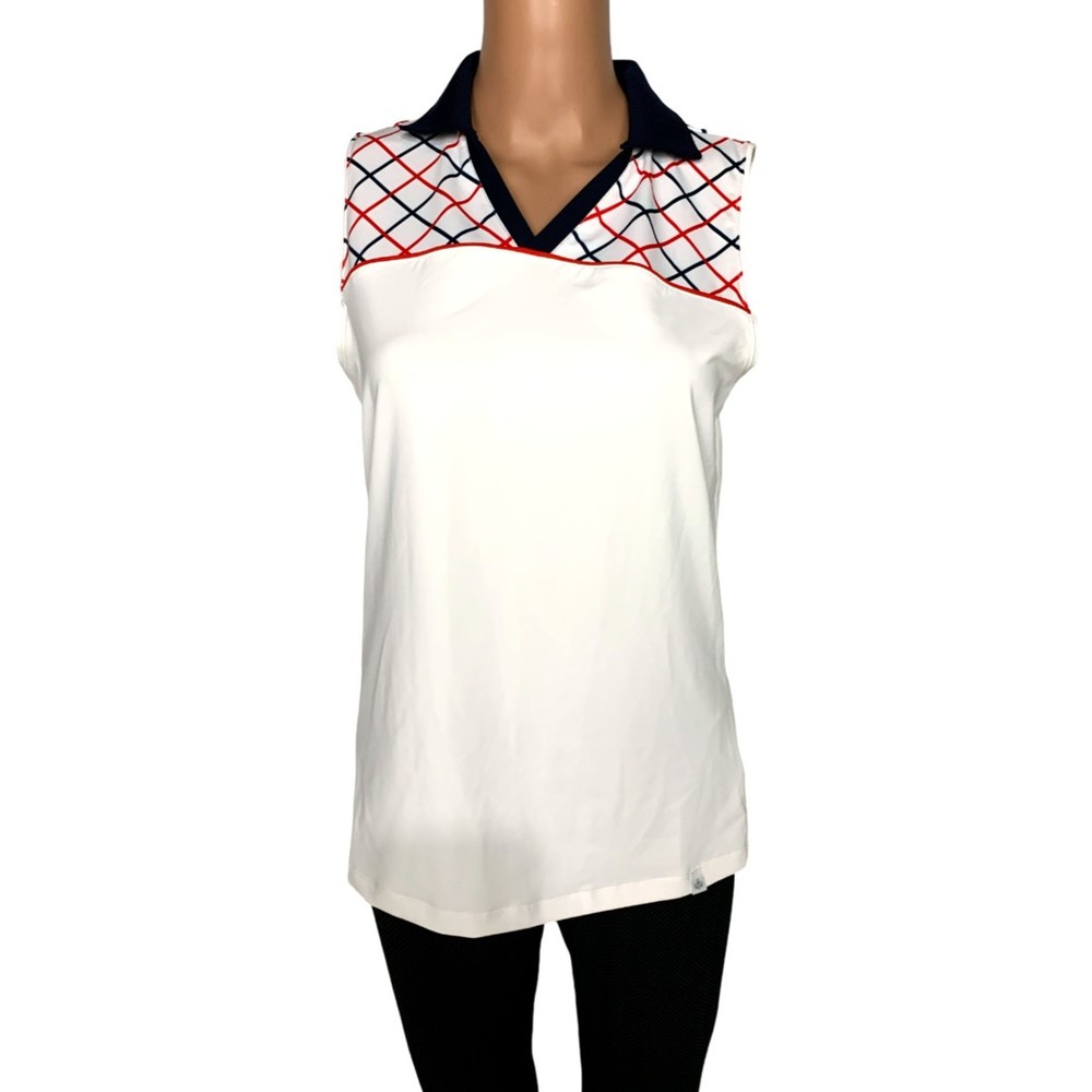 Lady Hagen Women's UPF 30+ Sleeveless Golf Polo Windowpane Plaid White Small